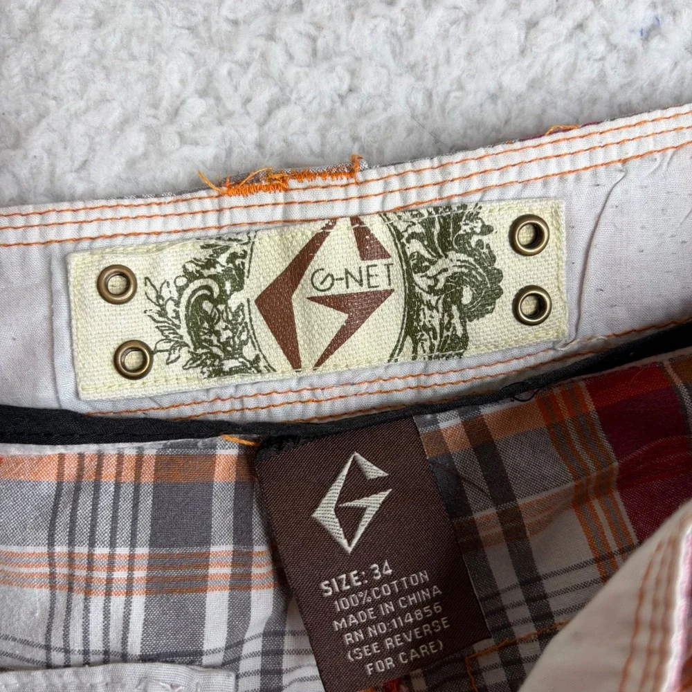 G-Net Mens Y2K Plaid Cargo Short Orange Red Paratrooper Skate Streetwear Size 34